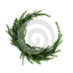 Green christmas round composition made from fresh fir branches isolated on white background. Top view, flat lay