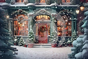Green Christmas shop. Ai generated image