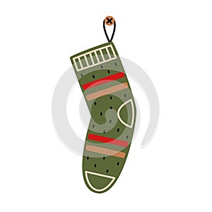 Green christmas stocking for gifts. Christmas vector illustration