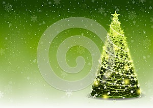 Green Christmas Tree Background with Falling Snowflakes