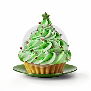 Green Christmas Tree Cupcake With Festive Icing Decorations photo