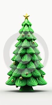 Green christmas tree with golden star on white background