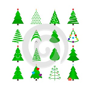 Green Christmas Tree Icon Set. Stylized Vector Fir-trees of Different Shapes