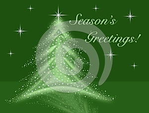Green christmas tree illustration with stars sparkles reflection and night sky