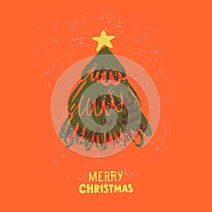 Green Christmas tree, risograph handmade style on red background, greeting card vector design with handwritten text