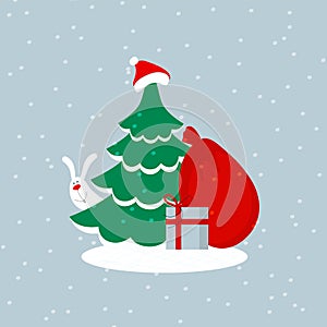 A green christmas tree with santa claus hat, red bag, gift box and cute happy smiling white bunny or hare. Editable flat