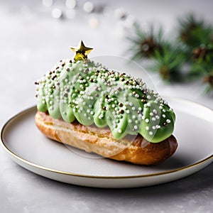 Green Christmas Tree-shaped Donut With Sprinkles On A Plate