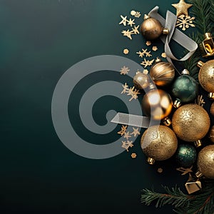 Green Christmas tree, surrounded by various decorations and ornaments. There are several gold or silver balls hanging