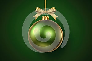 AI generated. Green Christmas tree toy ball with festive golden bow ribbon on dark background with copy space