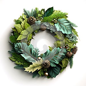 green Christmas wreath with Christmas tree toys to decorate the front door