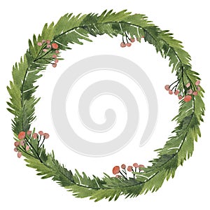 Green christmas wreath with decorations isolated on white background.