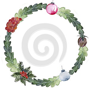 Green christmas wreath with decorations isolated on white background.