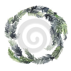 Green christmas wreath with decorations isolated on white background. Watercolor