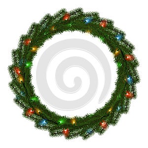 Green Christmas wreath with light string vector isolated on white background. Xmas round garland dec