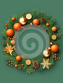 Green Christmas wreath with oranges and pine cones is placed on blue background. The wreath has an orange centerpiece