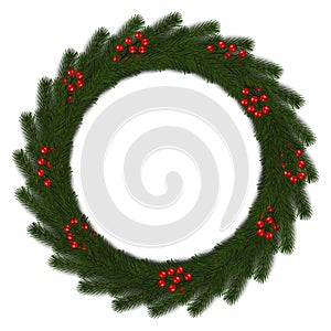 Green Christmas wreath with red berry vector isolated on white background. Xmas round garland decora
