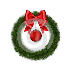 Green Christmas wreath with red ribbon bow and ball vector isolated on white background. Xmas round