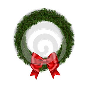 Green Christmas wreath with red ribbon bow vector isolated on white background. Xmas round garland d