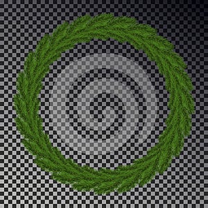 Green Christmas wreath vector isolated on checkered background. Xmas round garland decoration effect