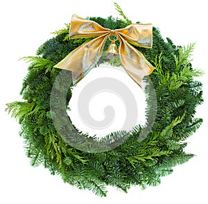 Green christmas wreath woth golden bow