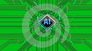 a green circuit board with a blue diamond in the center. Inside diamond, the letters AI are displayed, symbolizing artificial