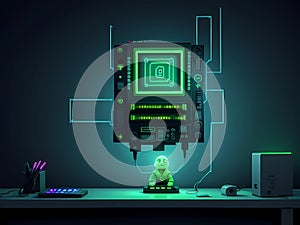 Green Circuit Board Computer With CPU Chip Background 3d Render