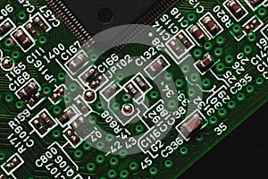 Green Circuit board, electronic computer hardware technology. Motherboard digital chip. Technical science