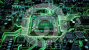 Green Circuit Board: Technology, AI, Data. Future Computing, Artificial Intelligence, Innovation. High Tech, Connection, Microchip