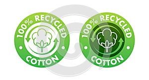 Green circular badges for 100 recycled cotton products, vector illustration for eco-friendly textile labels