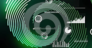Green circular patterns and data charts, futuristic image of data processing