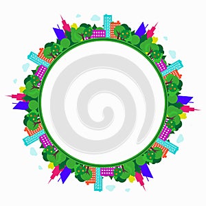 Green city background, round frame. Flat vector illustration isolated on white