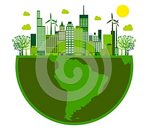 Green City flat icon half globe. Free Energy. Energy renewal