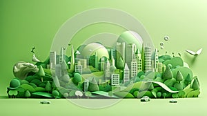 green city with geometric objects made with origami paper, white