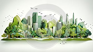 green city with geometric objects made with origami paper, white