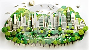 green city with geometric objects made with origami paper, white