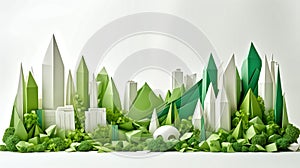 green city with geometric objects made with origami paper, white
