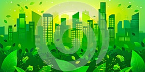 Green City landscape with buildings, hills and trees. Eco and green energy concept.