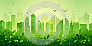 Green City landscape with buildings, hills and trees. Eco and green energy concept.