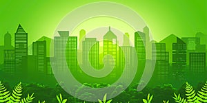 Green City landscape with buildings, hills and trees. Eco and green energy concept.