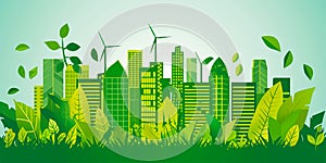 Green City landscape with buildings, hills and trees. Eco and green energy concept.