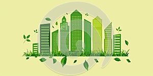 Green City landscape with buildings, hills and trees. Eco and green energy concept.