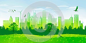 Green City landscape with buildings, hills and trees. Eco and green energy concept.