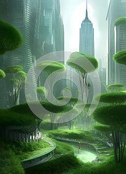 Green city landscape with Skyscapers and big trees.