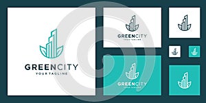 Green city logo design template building. minimalist outline symbol for environmentally friendly buildings