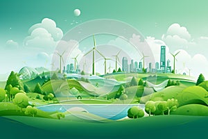 Green city with nature landscape and windmill farm in paper cut art illustration style. Generative AI