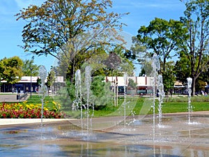 green city park with water fountain, trees and colorful flowers