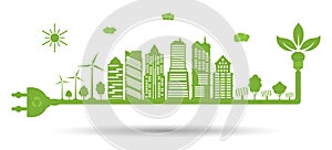 Green city with renewable energy sources. Ecological city and environment conservation. Sustainable development concept
