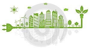 Green city with renewable energy sources. Ecological city with mirror reflection. Environment conservation. Sustainable