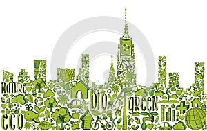 Green city silhouette with environmental icons