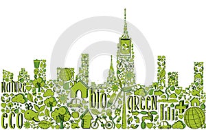Green city silhouette with environmental icons photo